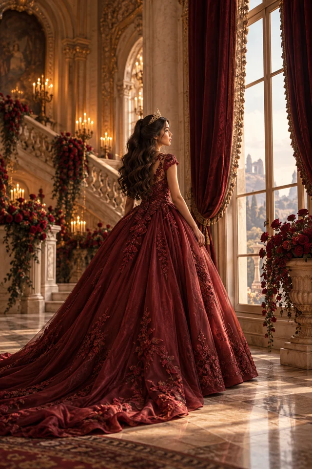 Isabella con su vestido de gala junto a una ventana del palacio.