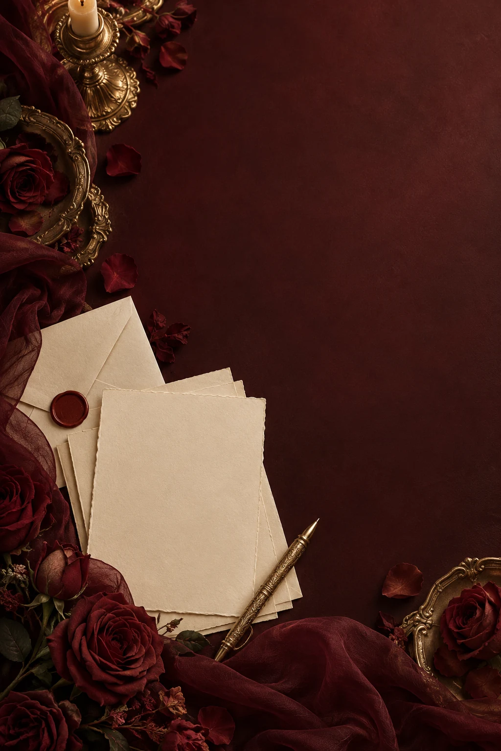Sobres, rosas rojo quemado y papelería de gala.